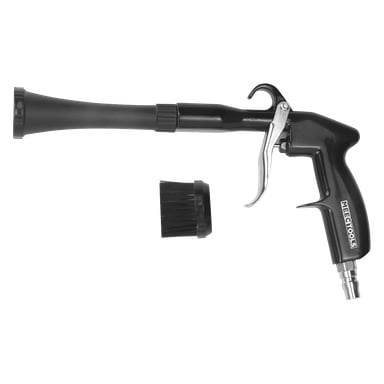 Svart luftrensepistol med avtrekkerhåndtak merket MEECTOOLS, og en rundbørstefeste plassert under dysen.