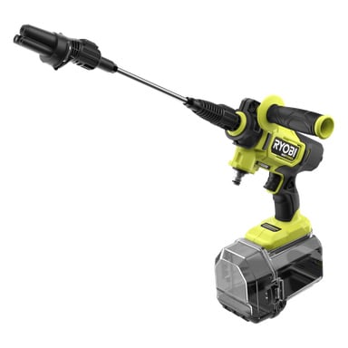 En Ryobi trådløs vaskemaskin, svart og gul, med en lang dyse, klar vanntank i bunnen og Ryobi-logoen på siden.