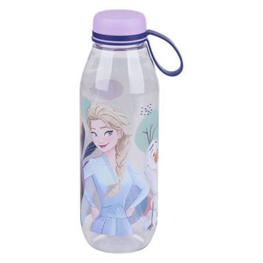 Klar vannflaske i plast med lilla kork og håndtak, dekorert med Elsa og Olaf-figurer fra Frozen på siden.