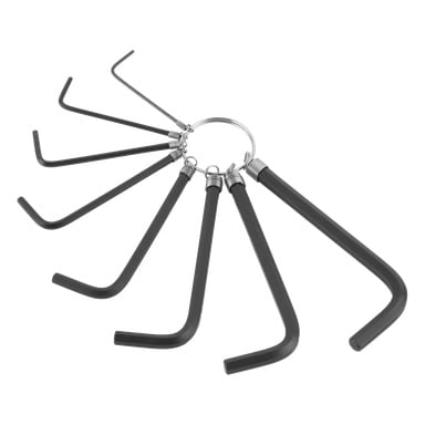 Sju svarta L-formade insexnycklar på en nyckelring i metall, arrangerade i ett utfläkt mönster.