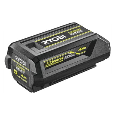 En svart Ryobi MaxPower Edge 4Ah batteripakke, vinklet for å vise hvit og gul merkevare på plastdekselet.