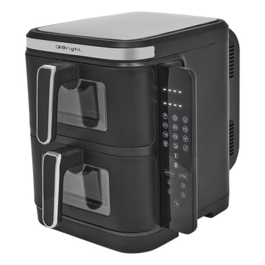 En svart airfryer med två korgar och handtag, en digital kontrollpanel med knappar och lysdioder och en "Bright" varumärkesetikett.