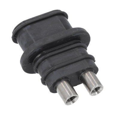 Svart två-stifts plast- och metallkontakt med cylindriska stift och spårig kropp, använd för regnsensorrobotgräsklippare.