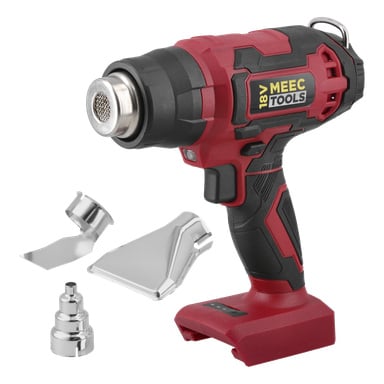En röd och svart sladdlös värmepistol märkt MEEC TOOLS 18V med fyra metallmunstycksfästen placerade bredvid.