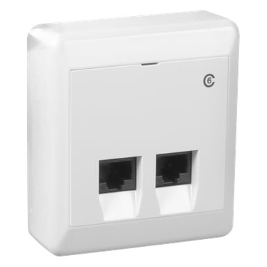 Veggmontert stikkontakt med to Ethernet-porter og en liten "6" øverst til høyre, noe som indikerer Cat 6-kompatibilitet.