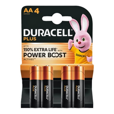 Pakkauksessa on neljä Duracell Plus AA -paristoa, musta ja kupari, pakkauksessa on Duracell-pupu keltaisessa paidassa ja "150 % lisäkäyttöiässä".
