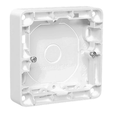 Vit elektrisk baklåda i plast med två skruvar, flera slitsar och runda fördjupningar för installation av uttag eller strömbrytare.