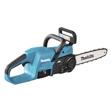 En blå och svart Makita sladdlös motorsåg med handtag, batterifack, säkerhetsetiketter och Makita-logotyper på kropp och blad.