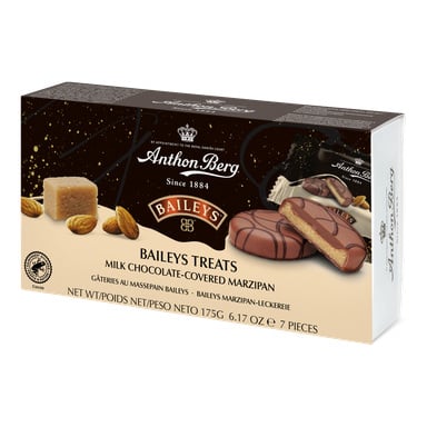 En rektangulär låda med Anthon Berg Baileys Treats visar mjölkchokladöverdragen marsipan, mandel och produktmärkning på förpackningen.