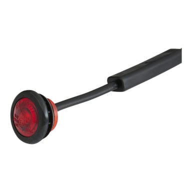 Et detaljert bilde av en Hamron Position-lys-LED, som viser en sirkulær rød LED-markør koblet til en svart ledning og montert på en svart base, vanlig brukt for kjøretøy eller tilhengere.