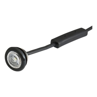 En närbild av en Hamron Position-lampa LED, som framhäver dess svarta trådkonstruktion, klara linser och monteringsring.