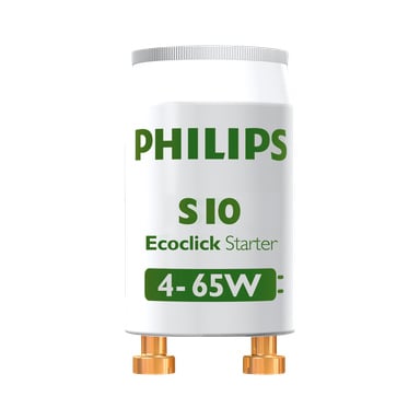 Pakiet Philips Starter 2 zawiera dwa cylindryczne urządzenia z metalowymi bolcami u podstawy i zielonymi literami z przodu, zaprojektowane do pracy z jarzeniówkami 4-65W.