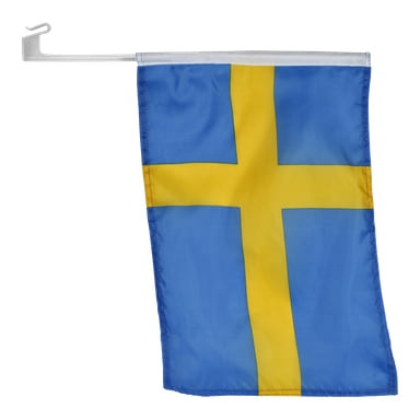 En liten svensk flagga med ett gult kors på blått är fäst på en vit plaststång som har en krok för montering, troligen för ett bilfönster.