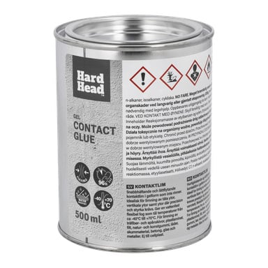 En 500 ml Hard Head Gel Contact Limburk med farosymboler, ikoner för vattentålighet, 96-timmars härdning och -40 °C till +70 °C.