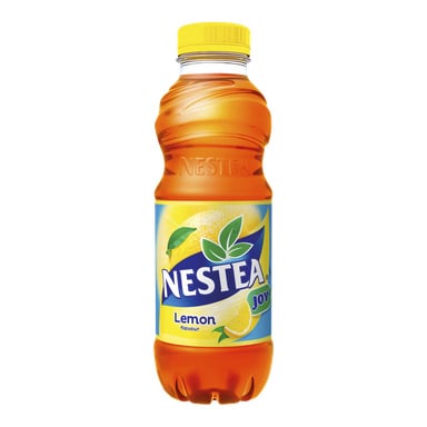 Plastikowa butelka Nestea z żółtą nakrętką, na której widnieje logo, obraz cytryny i słowo Joy na etykiecie.