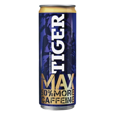 Wysoka niebieska puszka napoju energetycznego Tiger Max z odważnymi biało-złotymi TIGER MAX, 50% MORE CAFFEINE i Dariuszem Michalczewskim w pionie.