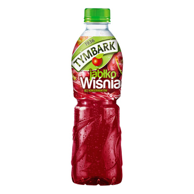 Na plastikowej butelce Tymbark z sokiem z czerwonego jabłka i wiśni, na zielonej nakrętki widnieje napis jabłka, wiśnie i widnieje napis jabłko wiśnia bez konserwantów.