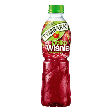Na plastikowej butelce Tymbark z sokiem z czerwonego jabłka i wiśni, na zielonej nakrętki widnieje napis jabłka, wiśnie i widnieje napis jabłko wiśnia bez konserwantów.