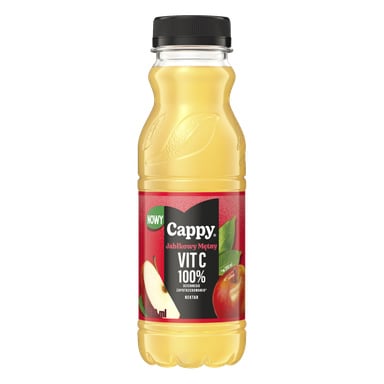 Plastikowa butelka soku jabłkowego Cappy o pojemności 330 ml z czarną nakrętką i czerwono-czarną etykietą z jabłkami i informacją o 100% witaminie C.