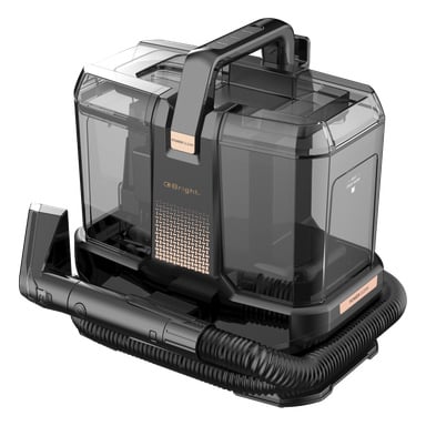 i przezroczysty przenośny środek do czyszczenia dywanów i tapicerki z uchwytem, wężem, złotymi akcentami oraz etykietami "G Bright" i "Power Clean".