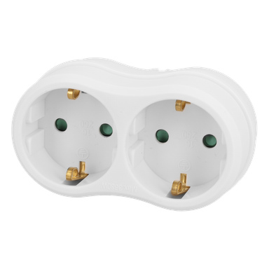 En dobbel europeisk stikkontaktadapter med to runde uttak og messingkontakter, egnet for standard europeiske plugger.