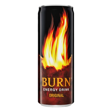 Wysoka puszka Burn Energy Drink Original z żółto-pomarańczową grafiką płomienia na ciemnym tle; Wyświetlany pogrubiony tekst marki i produktu.