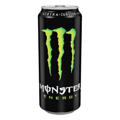Wysoka puszka Monster Energy z logo z zielonym pazurem, białym brandingiem, srebrnymi akcentami i dodatkowym tekstem wzdłuż górnego brzegu.