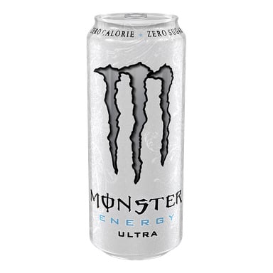 Biała puszka Monster Energy Ultra z czarnym logo pazurów, niebiesko-czarnym tekstem i napisem "Zero kalorii + zero cukru" na górze.