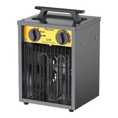 Bærbar elektrisk varmeapparat med topphåndtak, doble kontrollknapper, gult 2kW-panel, lufteventiler og en IKKE DEKK-advarsel.