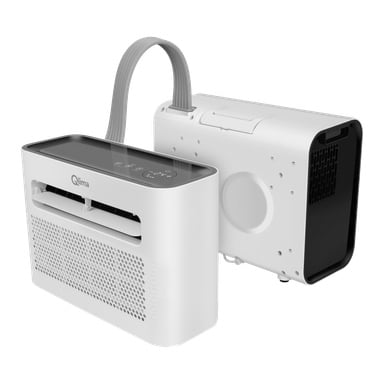 Rektangulär vit och svart fönster-AC med touch-kontroller upptill och flexibla avgaspaneler på baksidan för fönsterinstallation.