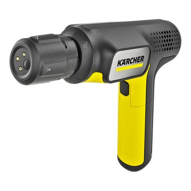 Svart och gul handhållen Kärcher ångtvätt med avtryckarhandtag, luftventiler, runt främre munstycke och Kärcher-logotyp på sidan.