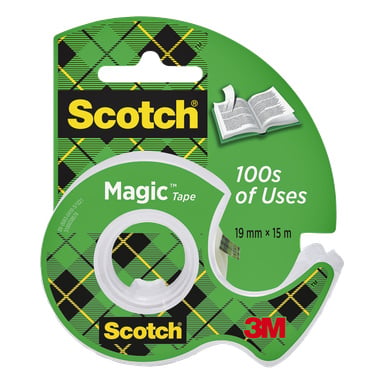 Scotch Magic Tape -annostelija vihreässä ruudullisessa laatikossa, jossa on merkintä "100s of Uses", koko 19 mm x 15 m. 3M-logo alhaalla oikealla, avoin kirja ylhäällä.