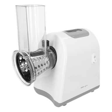 Ein weißes Q.Bright Elektroküchengerät mit durchsichtiger Rutsche und Metallreibenaufsatz zum Schneiden oder Zerkleinern von Lebensmitteln.