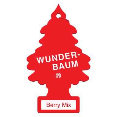 En röd trädformad bilfräschare från Wunder Baum, med "WUNDER-BAUM" skrivet i vitt nära toppen och "Berry Mix" inuti en rödkantad vit rektangel längst ner.