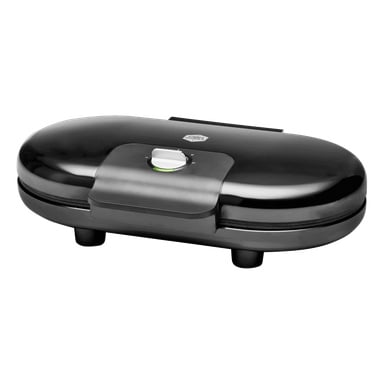 En svart elektrisk våffeljärn med stängt lock, temperaturreglage och grön indikatorlampa på fyra korta ben.