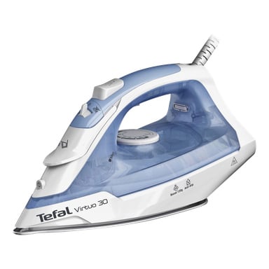 Niebiesko-białe żelazko parowe Tefal Virtuo 30 z przezroczystym zbiornikiem na wodę i srebrną stopą, ustawioną pod niewielkim kątem.