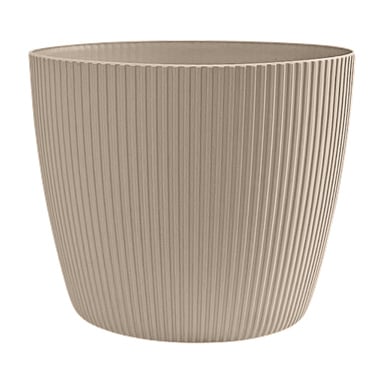 En beige, rund blomsterpotte med vertikalt ribbemønster og glatt finish. De rette sidene smalner forsiktig mot basen.
