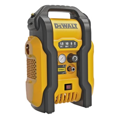 En gul och svart DEWALT bärbar luftkompressor med ett övre handtag, främre tryckmätare, strömbrytare och kontrollvred.