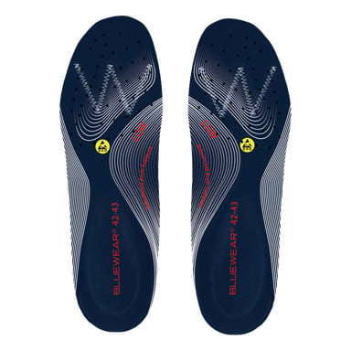 Ett par marinblå innersulor med vita böjda linjer, små ventilationshål, röd "BLUEWEAR® 42-43" text och gula klackikoner.