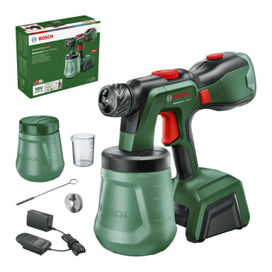 Bosch sladdlösa färgsprutsats med pistol, två färgbehållare, måttbägare, rengöringsborste, munstycke, laddare och grön låda bakom.