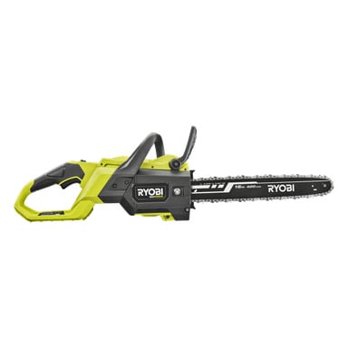 En Ryobi 16-tums sladdlös elektrisk motorsåg med gul och svart kropp, svart kedjeblad och ergonomiskt handtag i sidovy.