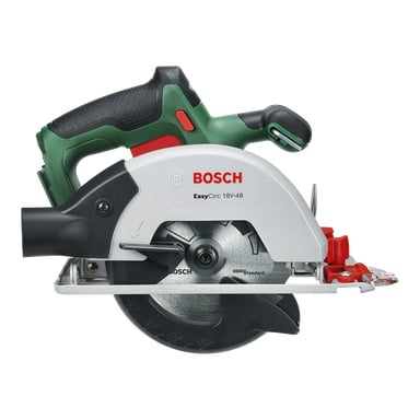En Bosch EasyCirc 18V-48 sladdlös cirkelsåg med grönt och svart handtag, silverfärgat klingskydd och röd säkerhetsbrytare, sedd från sidan.