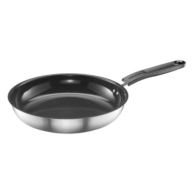 En stekepanne i rustfritt stål med svart nonstick-innside og et langt svart håndtak.