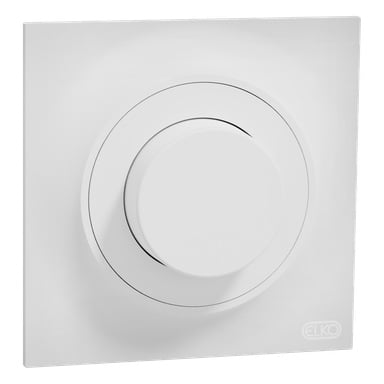 En fyrkantig dimmer med en framträdande rund knopp på framsidan, med ELKO-logotypen längst ner till höger på väggplattan.