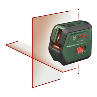Bosch UniversalLevel 2 laservattenpass avger röda horisontella och vertikala linjer i ett kors, med grönt och svart hölje, röd strömbrytare, Bosch-logotyp.