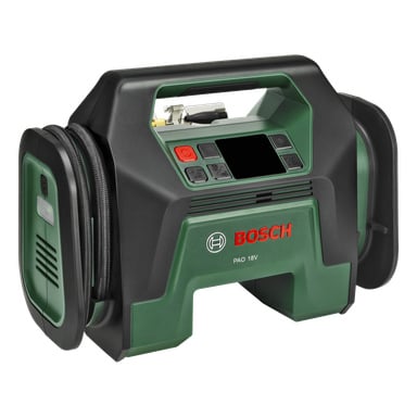 Przenośna pompa powietrza Bosch PAO 18V w kolorze zielono-czarnym, wyposażona w uchwyt, wyświetlacz cyfrowy, przyciski oraz boczne przegródki na węże.