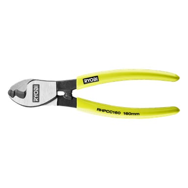 Ryobi kabelsax med ljusgula handtag och metallhuvud. Handtagen visar RYOBI och modellnummer RHPCC160 160mm.