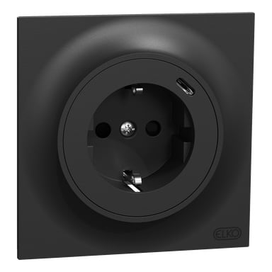 Svart eluttag med ett runt uttag och en liten USB-port ovanför; ELKO-namnet är präglat längst ned till höger på frontpanelen.