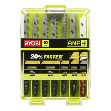 Ett genomskinligt fodral med 10 Ryobi-sticksågsblad för trä och metall, gul-svart etikett som visar 20% snabbare, bladtyper och TPI-detaljer.