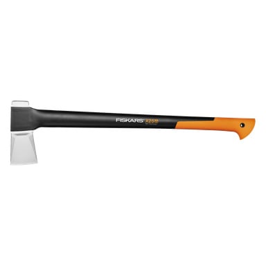 Seitenansicht einer Fiskars X25 Spaltaxt mit schwarzem Griff, orangefarbenem Griff und silberner Klinge.